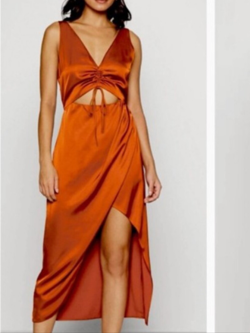 Abercrombie & Fitch Rust Orange Satin Midi Dress with Front Cutout